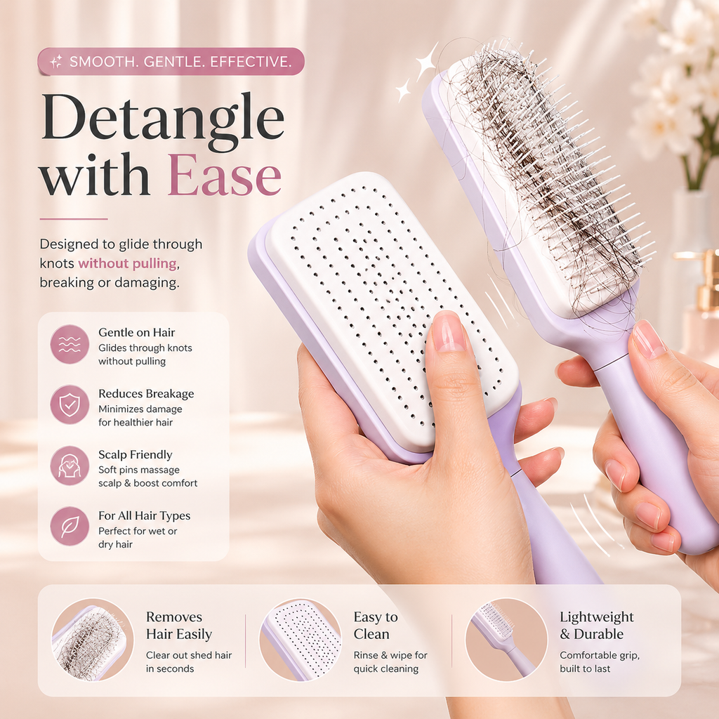 Hairbrush with text highlighting features and benefits on a light background