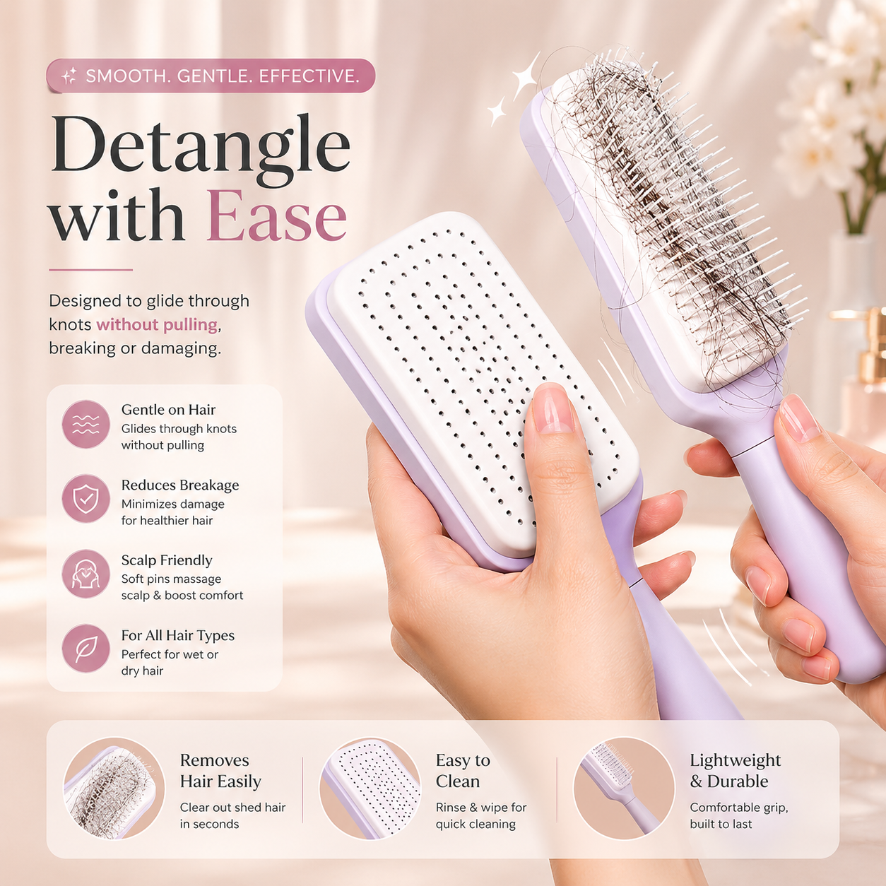 Hairbrush with text highlighting features and benefits on a light background