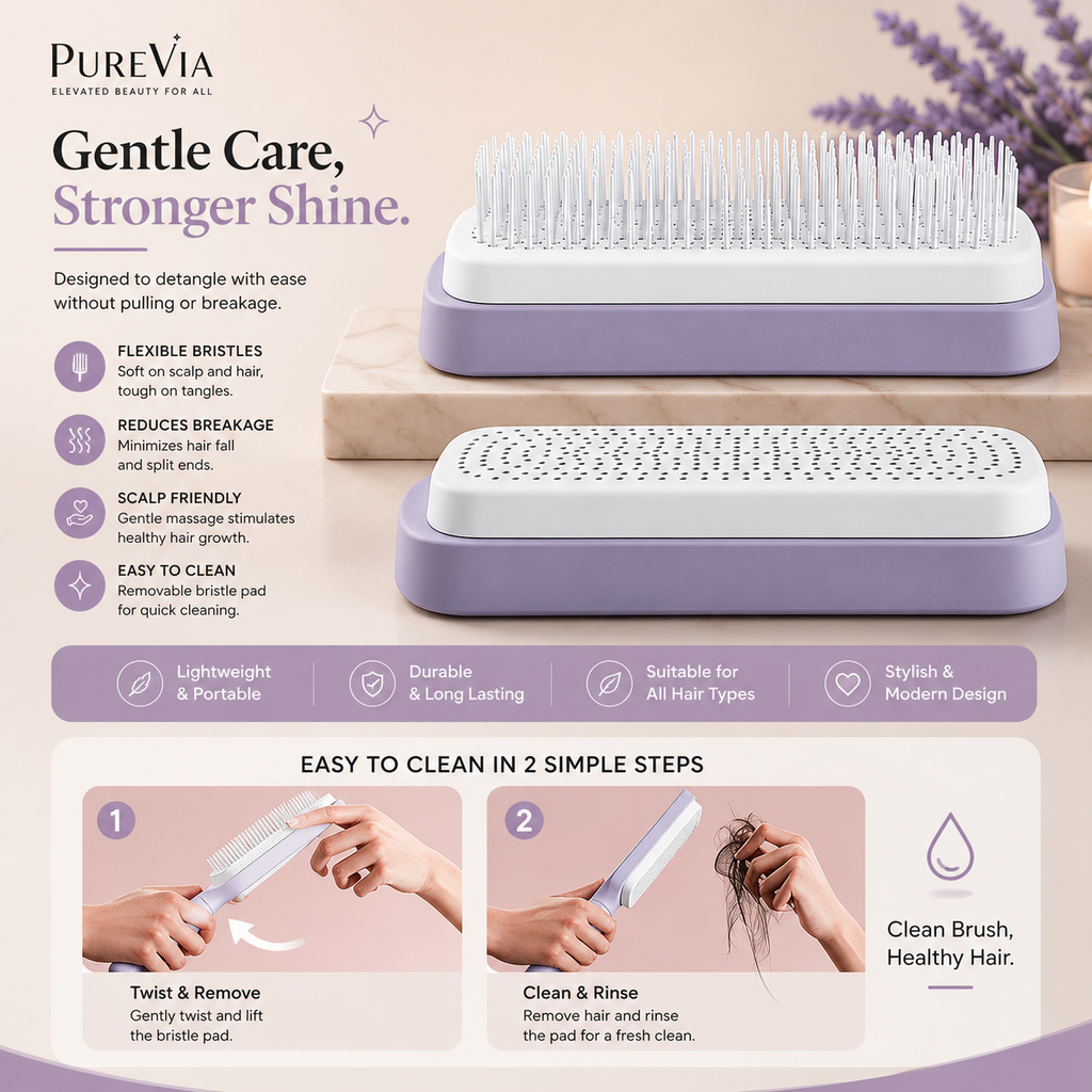 Purple hairbrush with text highlighting features and cleaning instructions on a beige background.