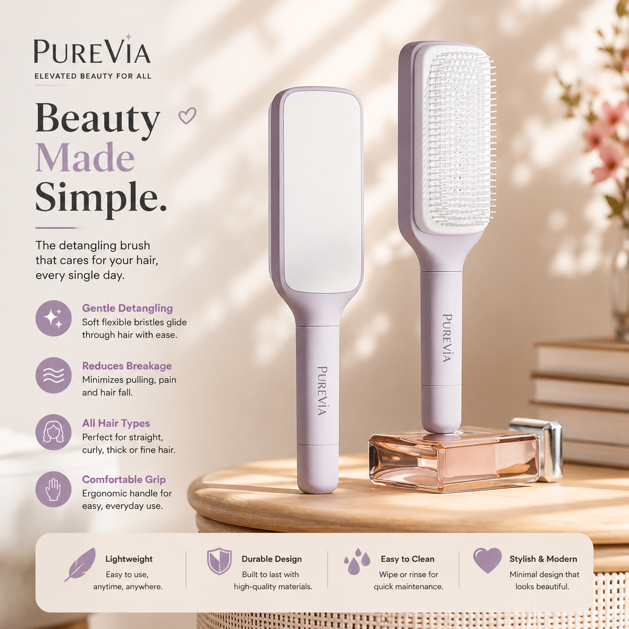 PureVia hairbrushes on a wooden surface with product features listed.