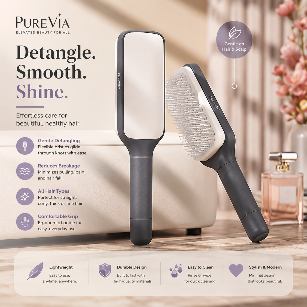 Two hairbrushes with text highlighting features on a neutral background