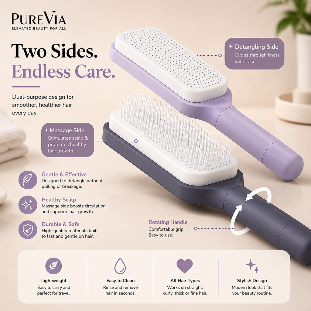 Two hairbrushes with text highlighting features on a beige background