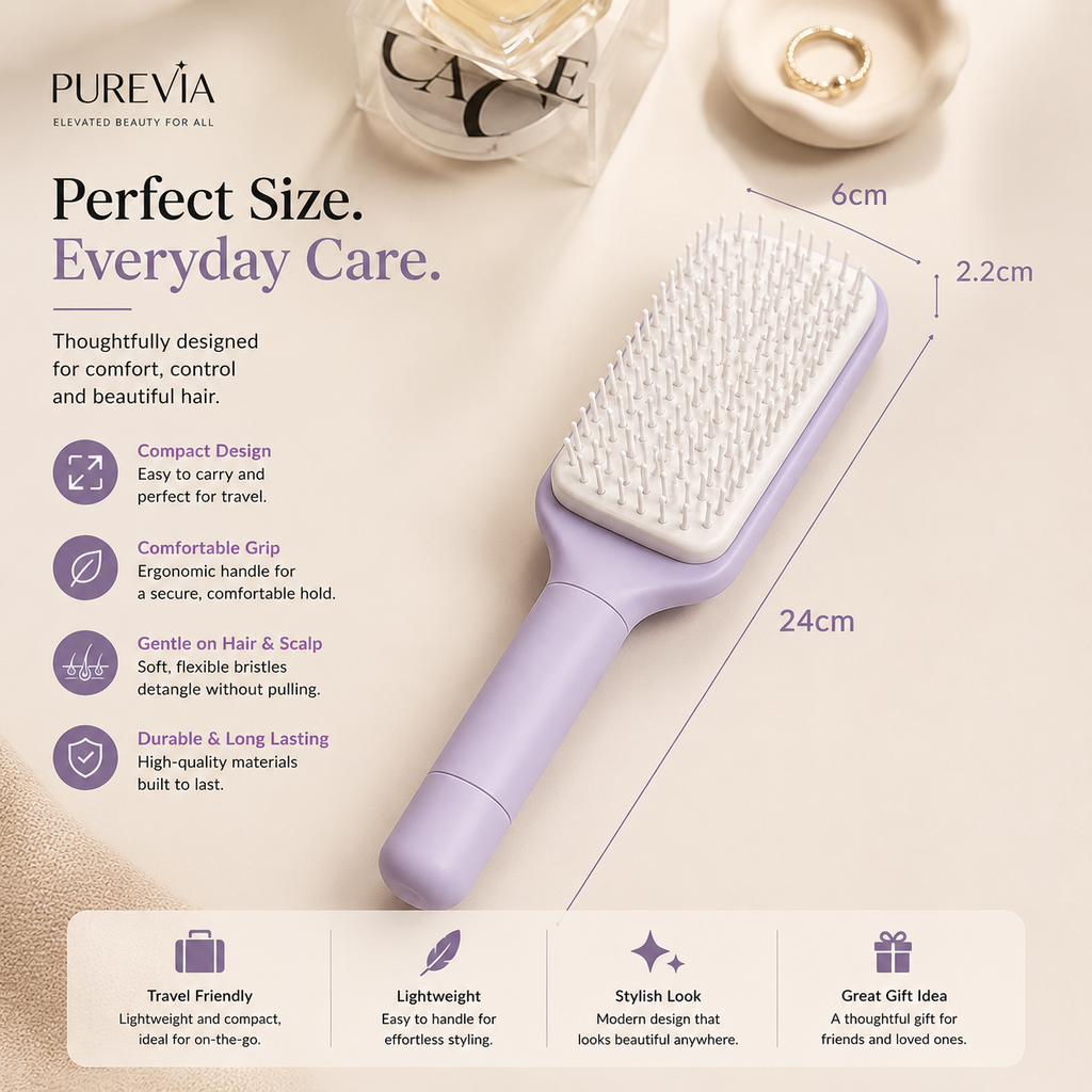 Purple hairbrush with measurements and features on a beige background, featuring the Purevia brand.