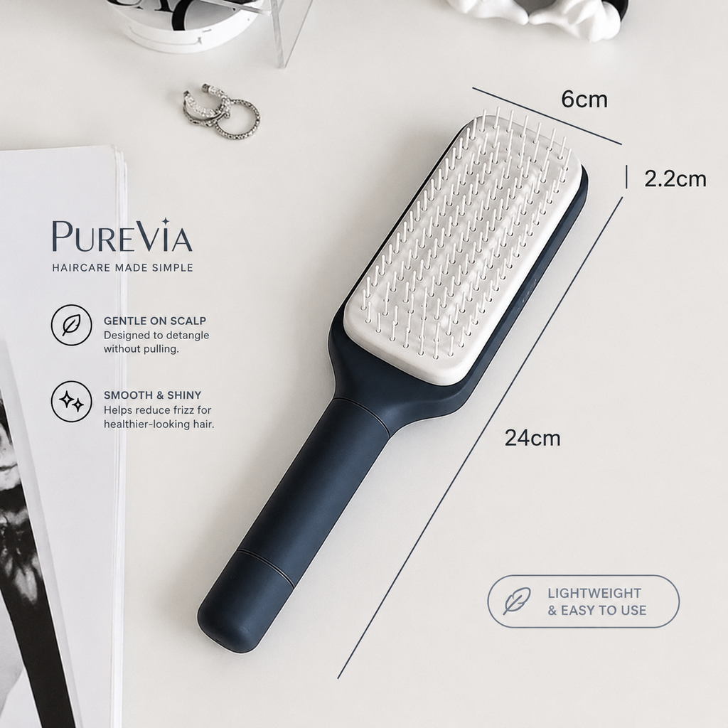 Hairbrush with measurements and PureVia branding on a white background