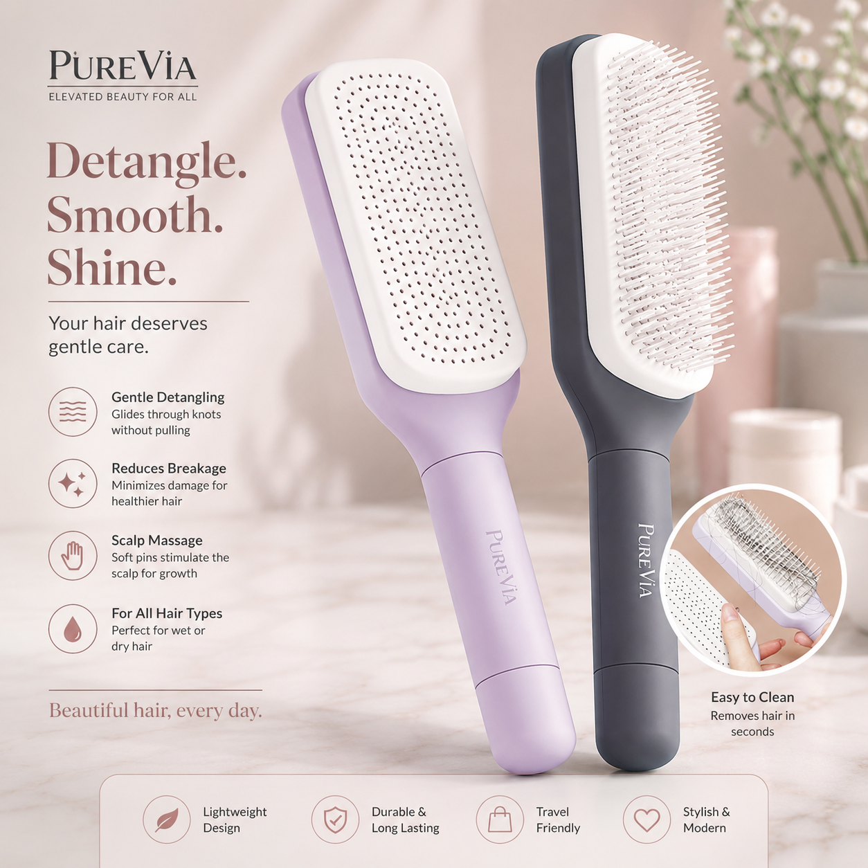 Two hairbrushes, one purple and one gray, with promotional text about PureVia products on a blurred background.