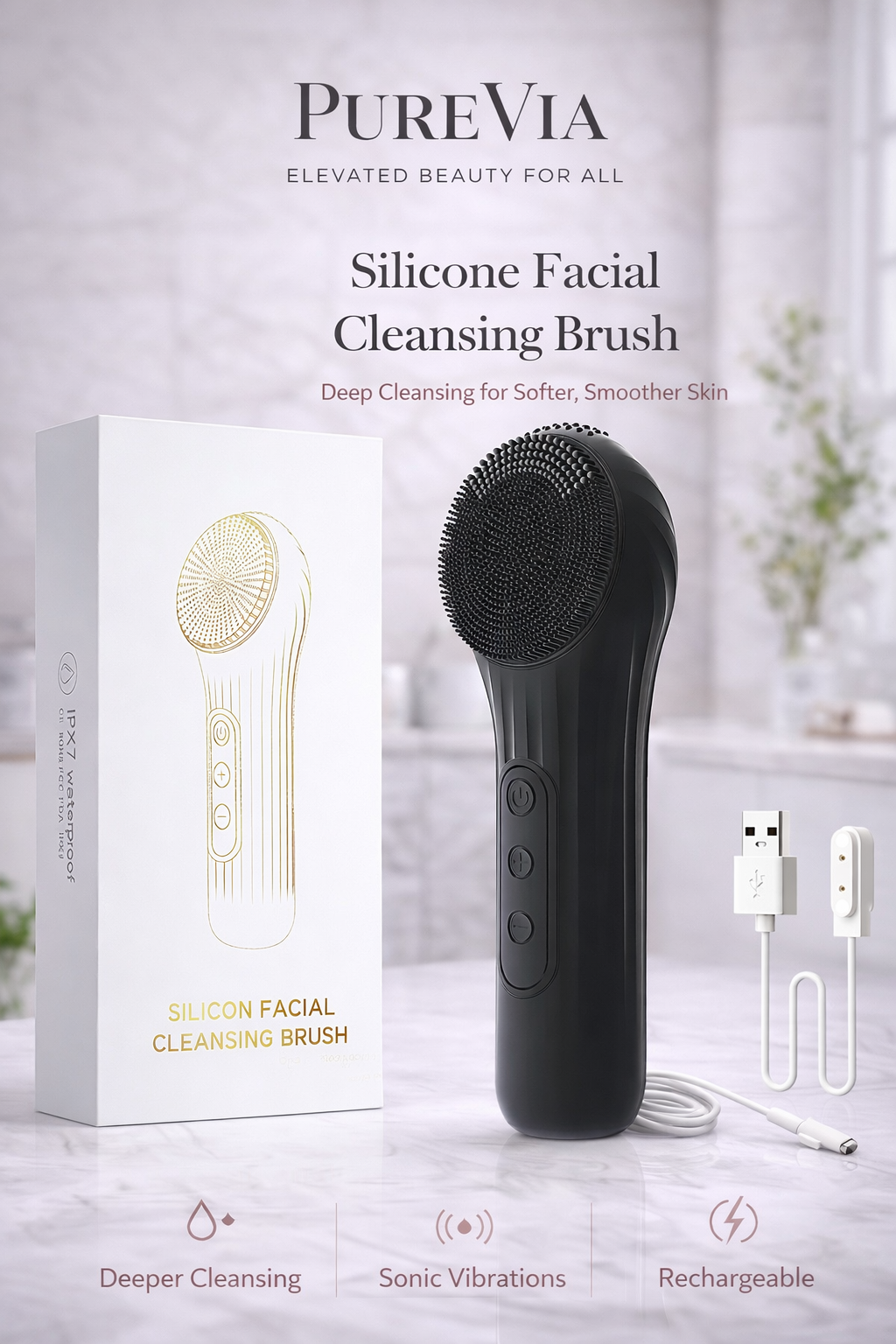 PUREVIA GlowSonic Sonic Waterproof Facial Cleansing Brush – side angle