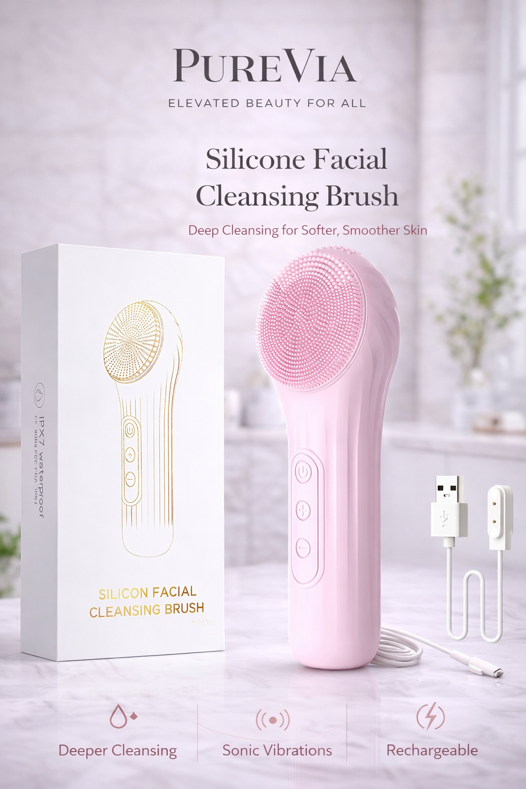 PUREVIA GlowSonic Sonic Waterproof Facial Cleansing Brush – detail view