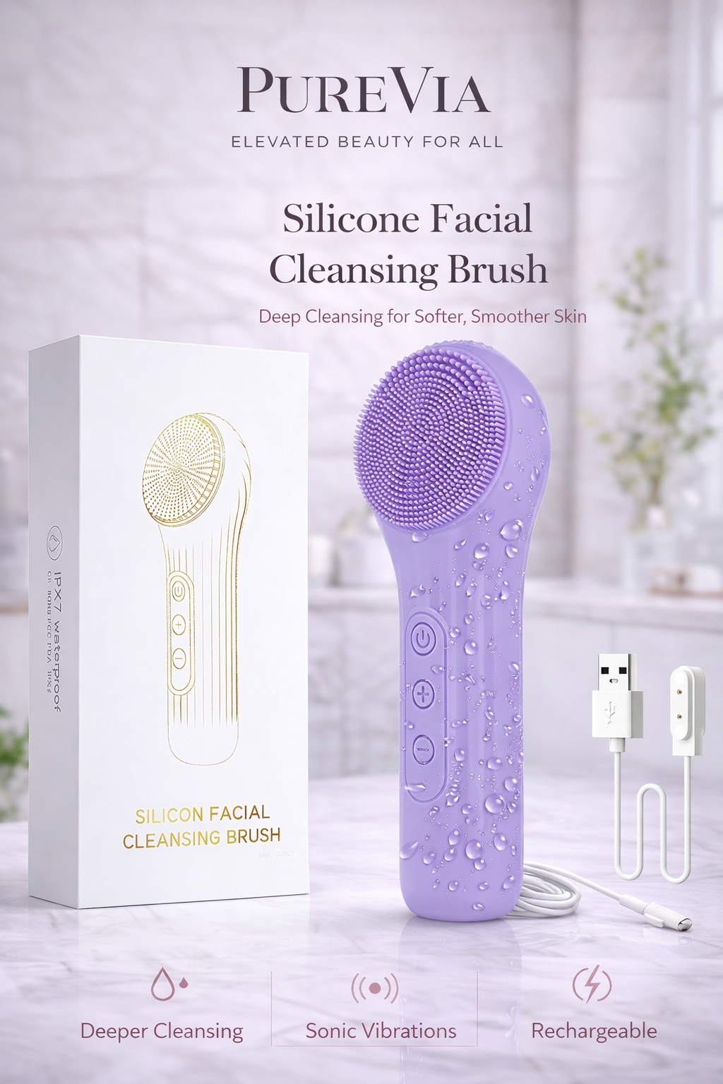PUREVIA GlowSonic Sonic Waterproof Facial Cleansing Brush – lifestyle shot