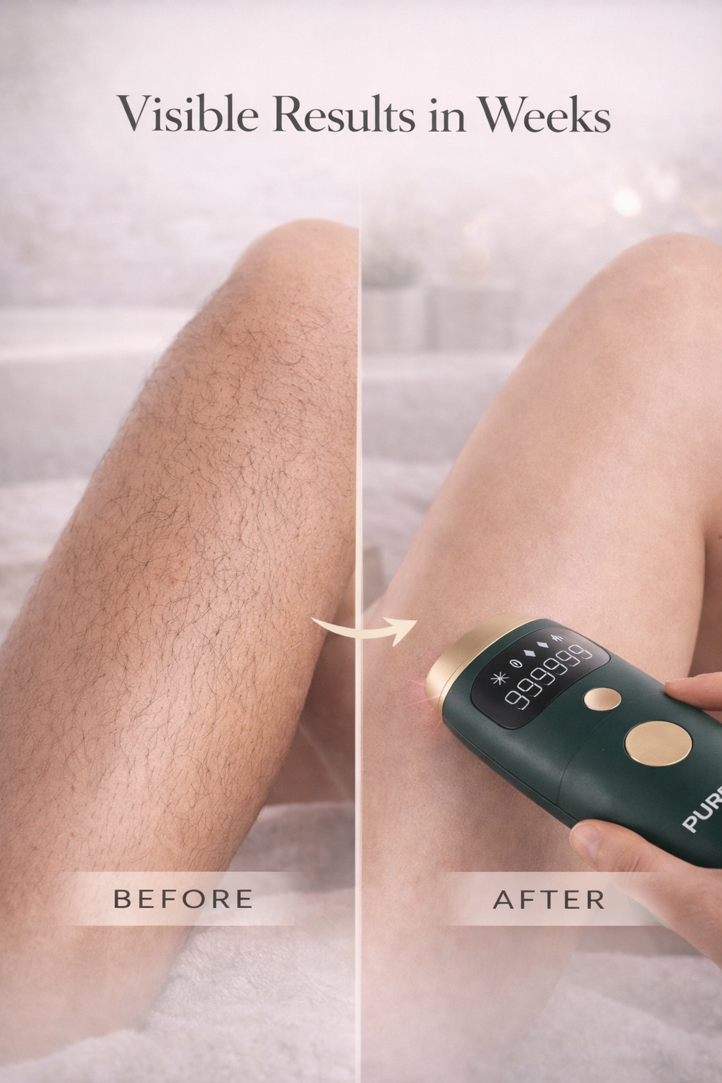 Before and after comparison of legs using a hair removal device, with text indicating visible results in weeks.
