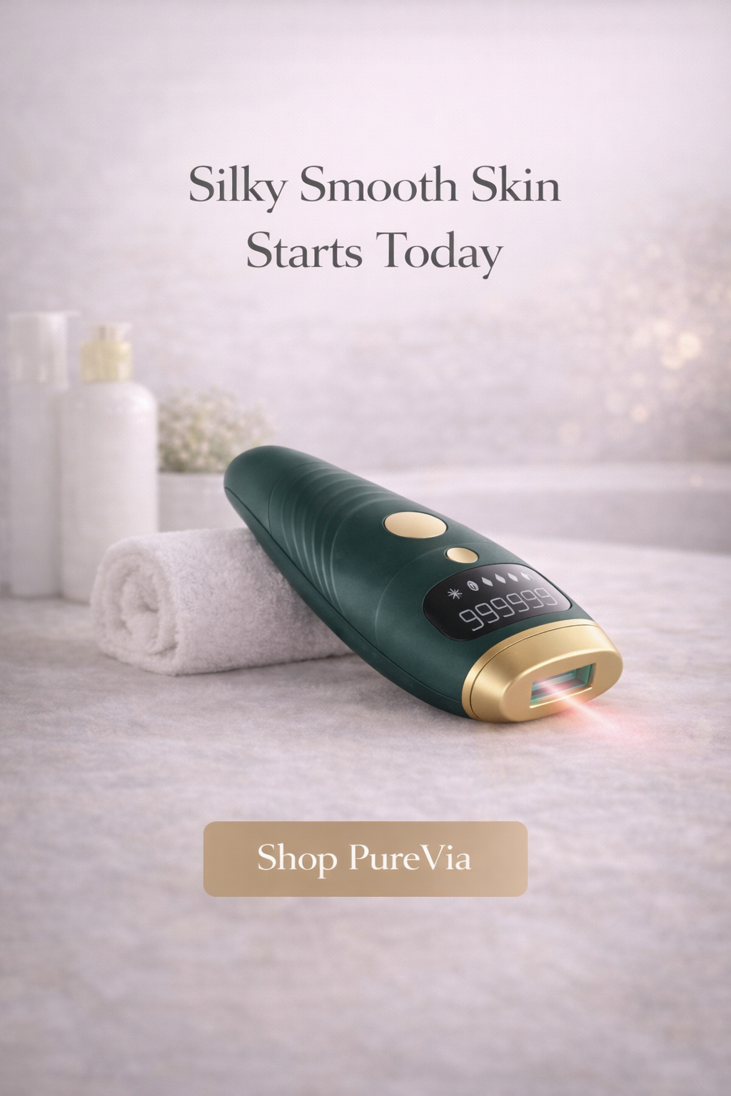 Green and gold skin care device on a white surface with text 'Silky Smooth Skin Starts Today' and 'Shop PureVia'.