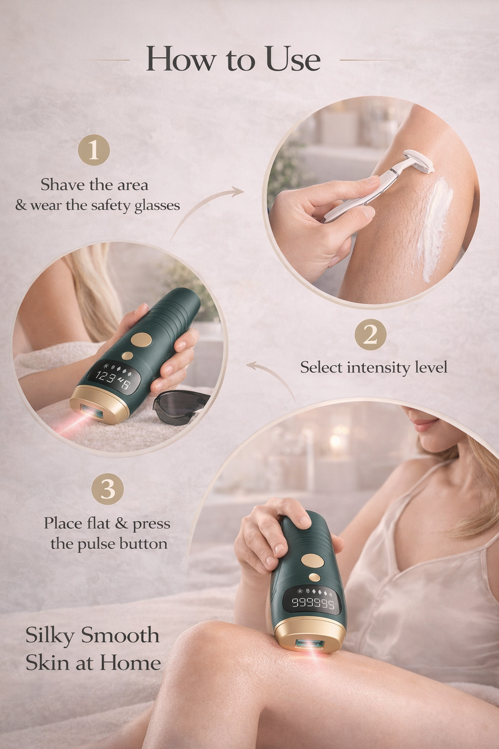 Instructions on how to use a laser hair removal device with step-by-step guidance.