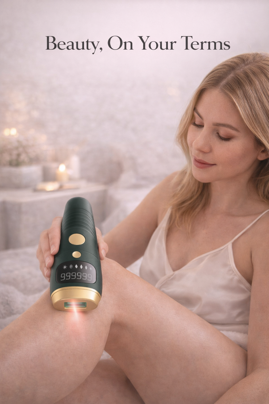 Woman using a laser hair removal device with 'Beauty, On Your Terms' text.