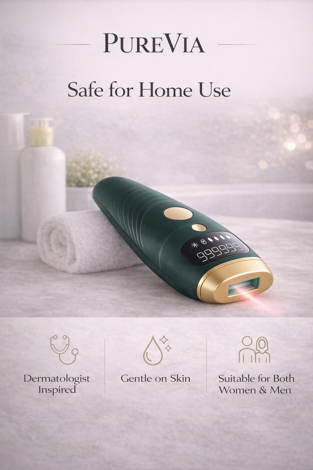 Green and gold device with 'PUREVIA' branding on a bathroom counter.